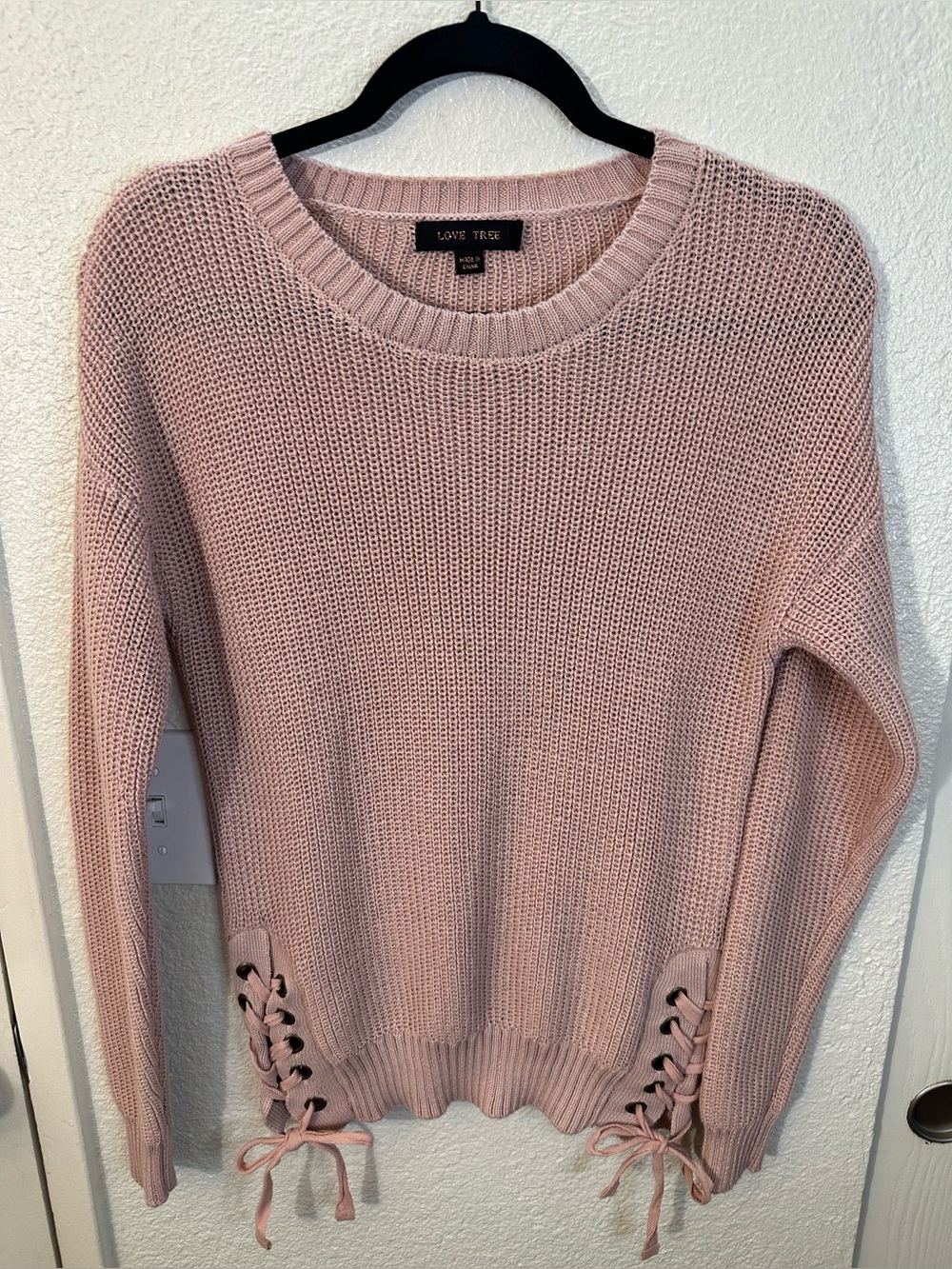 Love Tree Dusty Blush Lace-Up Crew Neck Sweater